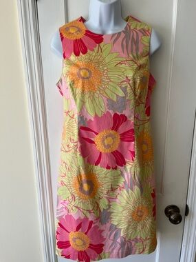 Talbots Petites Sleeveless Sheath Dress Multi Floral Pink Green Womens 10 Preppy